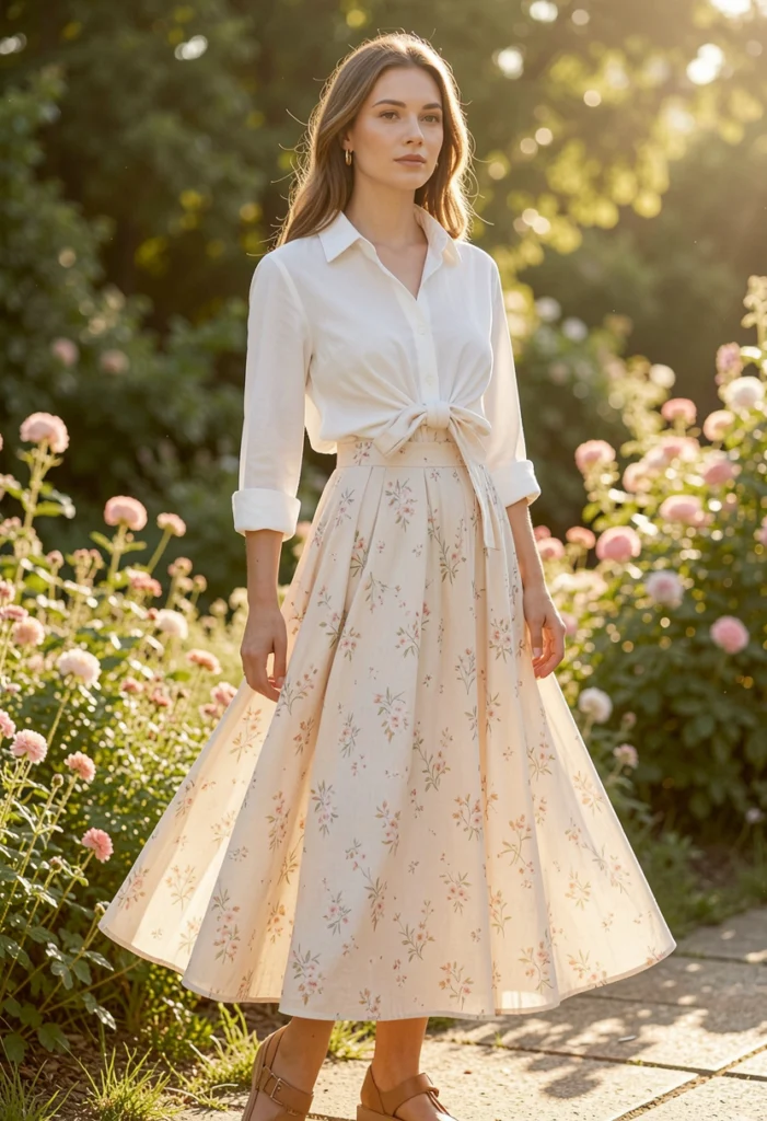 Midi Skirt with a Tucked-In Shirt