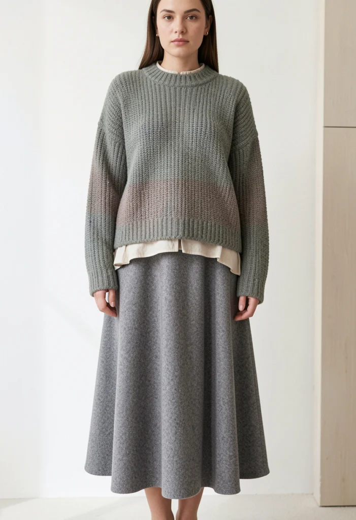 Chunky Knit Sweater with Midi Skirt