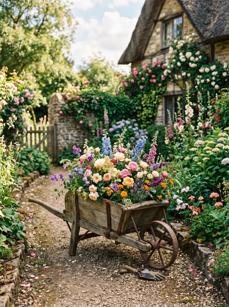 Rustic Wooden Wheelbarrow Flower Display