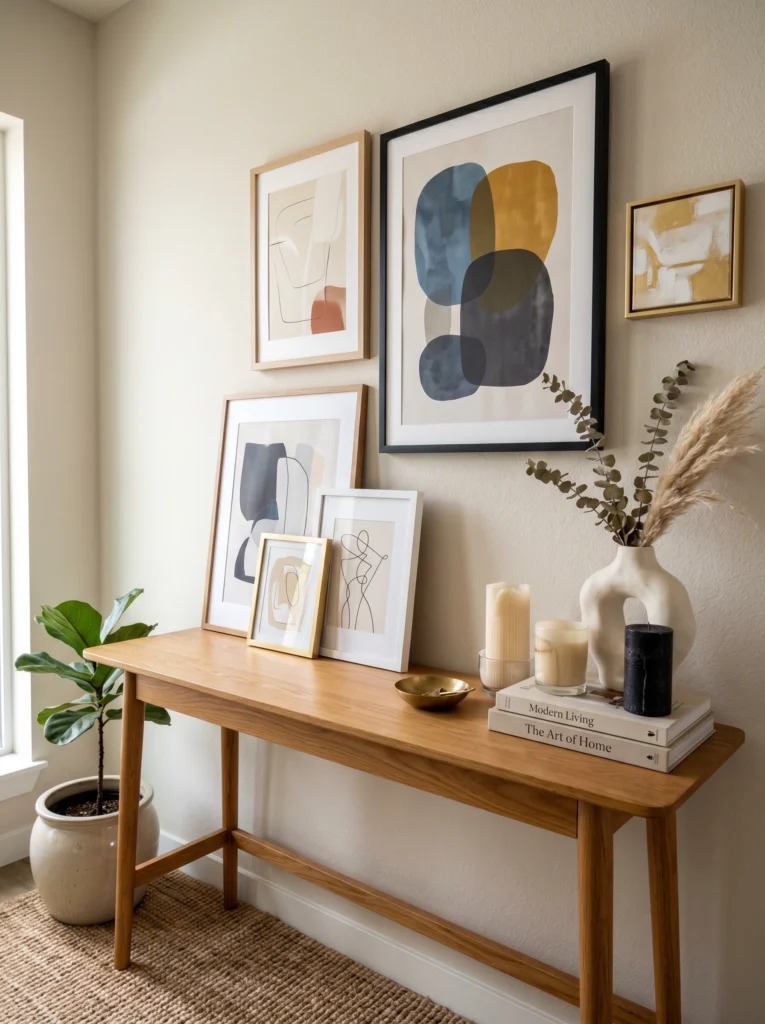 Entryway Table With Layered Artwork Display