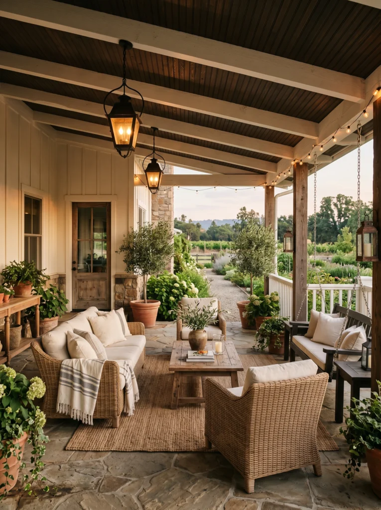 Farmhouse Covered Patio With Cozy Charm