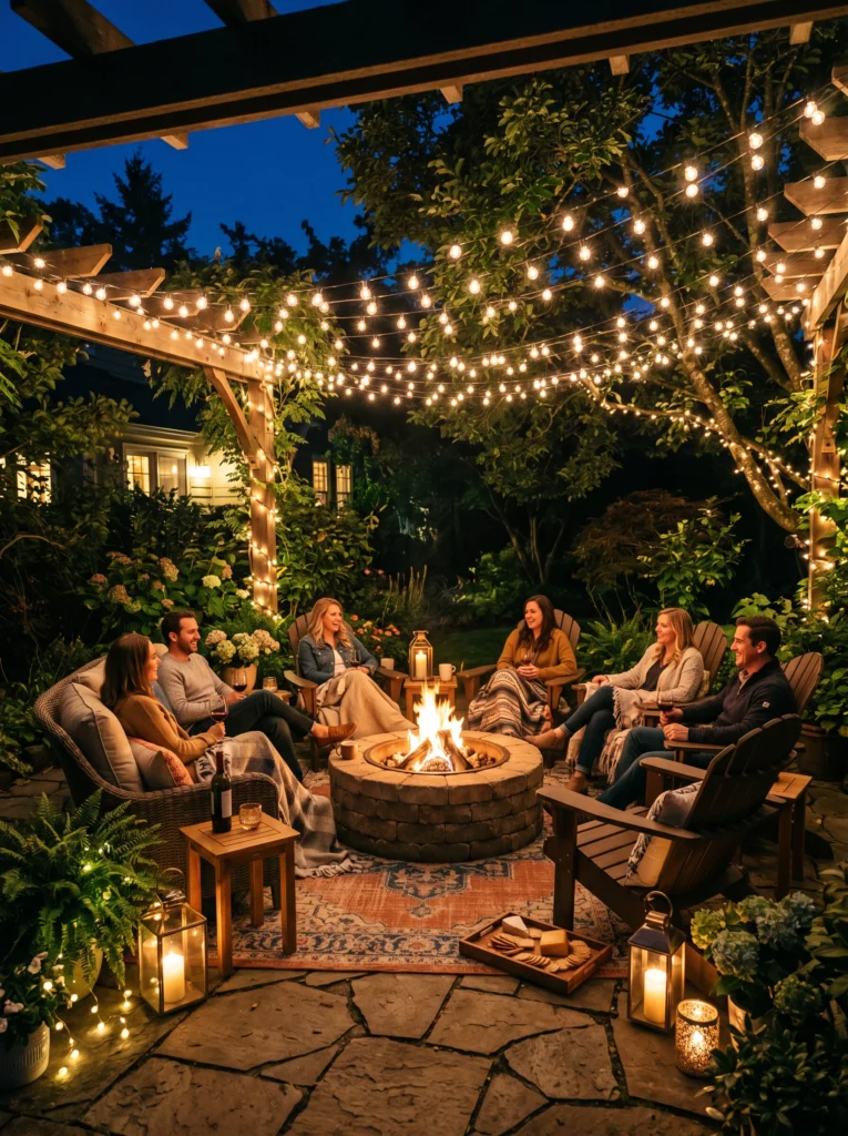  Fire Pit Patio With String Lights for Evening Ambiance