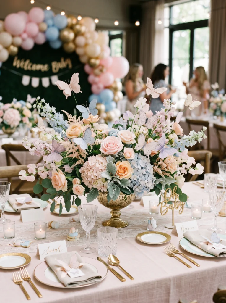 Floral Table Centerpieces with Butterflies