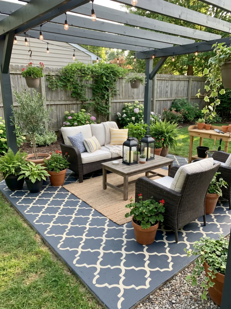 Painted Concrete Patio Makeover With Stylish Pattern