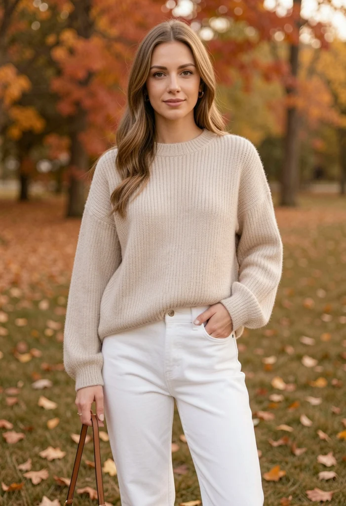 White Jeans with a Neutral Knit Sweater