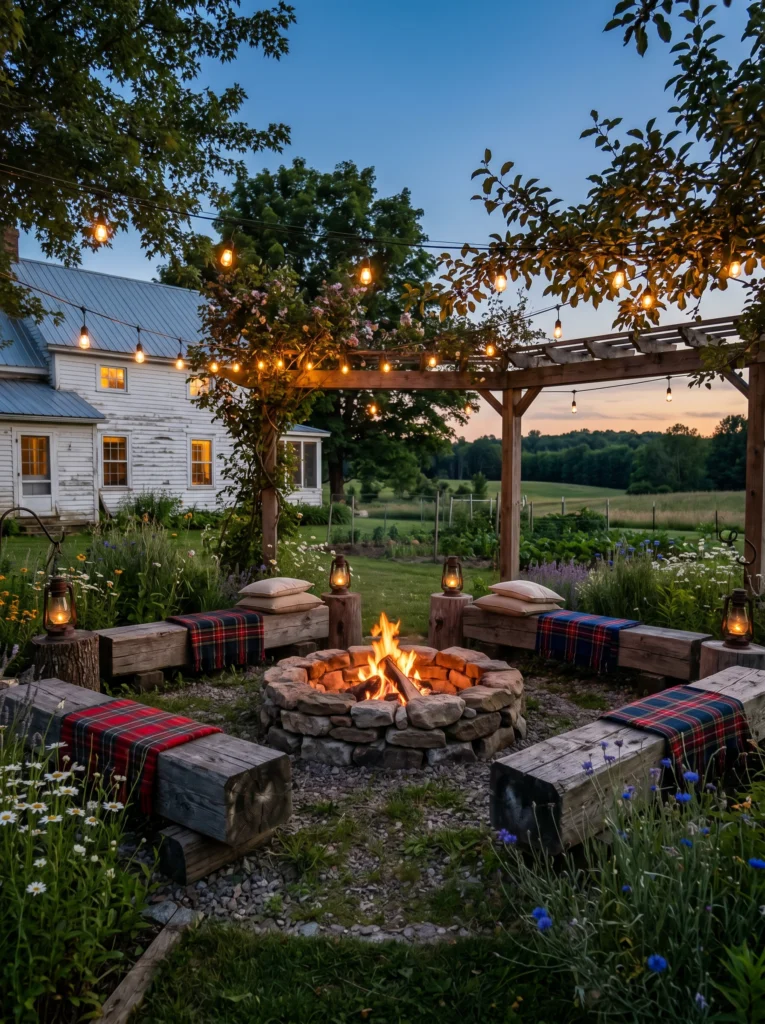Farmhouse Backyard Fire Pit With Cozy Rustic Seating