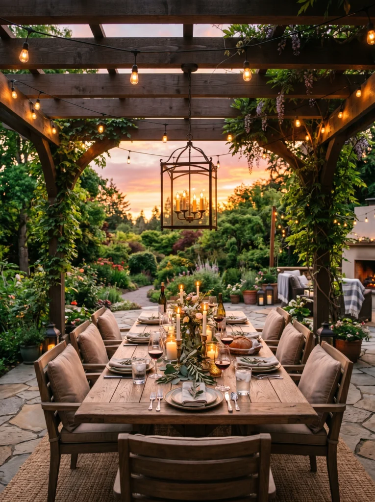  Covered Patio Dining Space With String Lights
