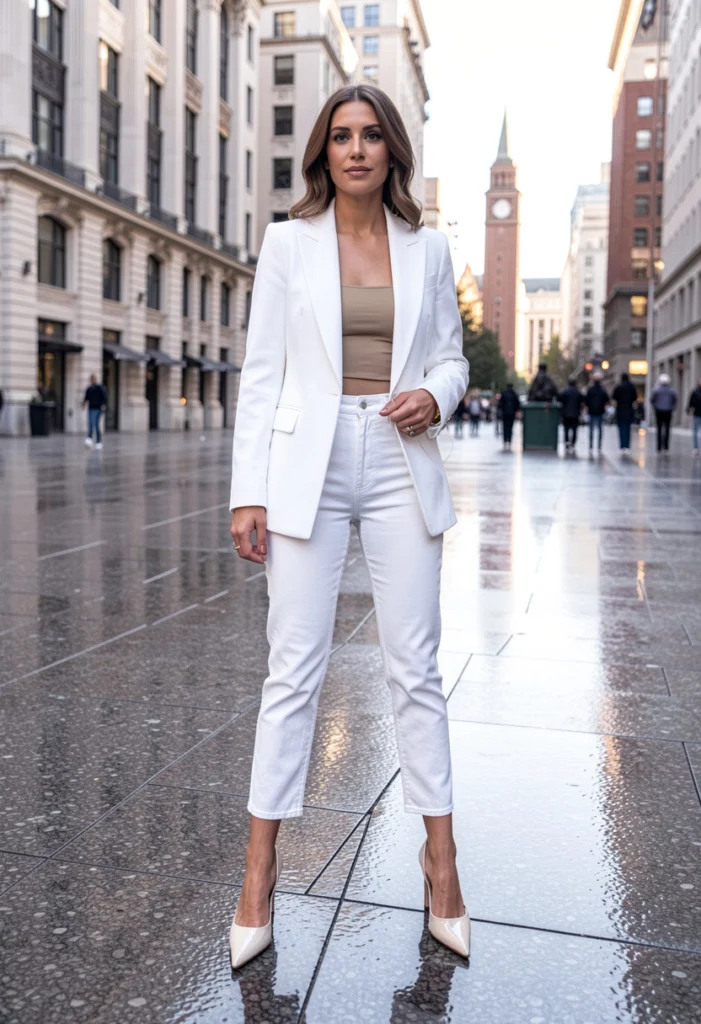 White Jeans with a Blazer and Heels