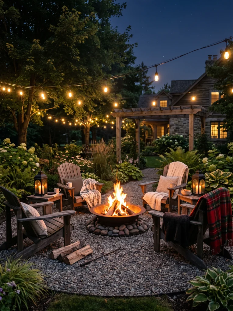  Fire Pit With Gravel and Adirondack Chair