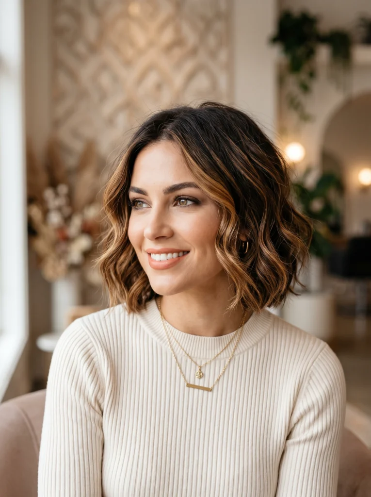 Brunette Wavy Bob with Highlights