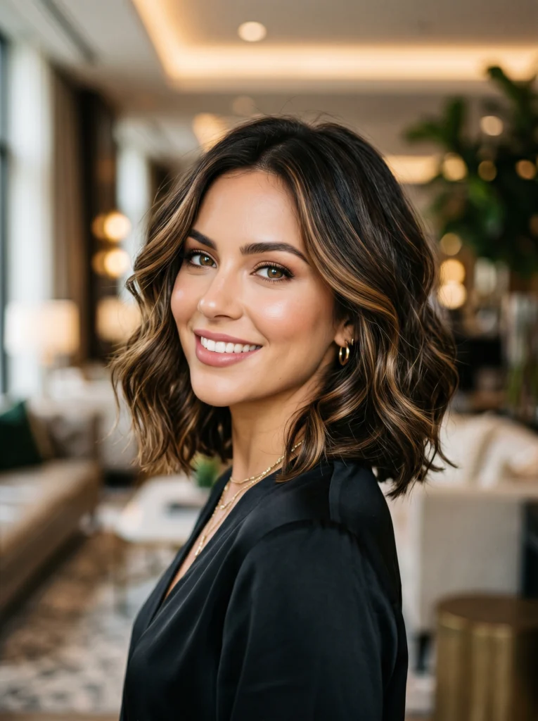 Wavy Dark Brown Bob with Highlights