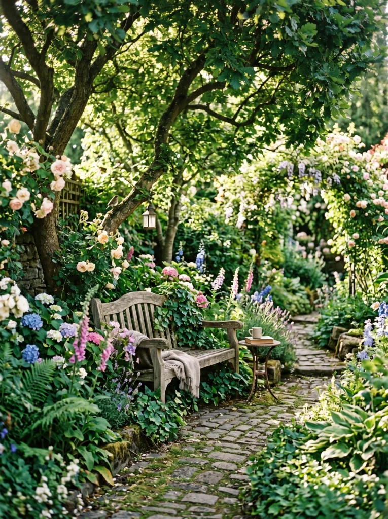 Rustic Garden Bench Under Trees