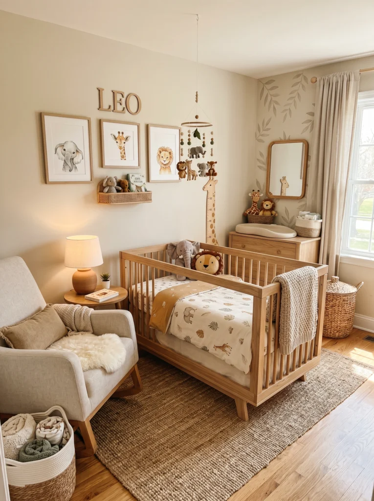 Natural Wood Crib with Safari Touches